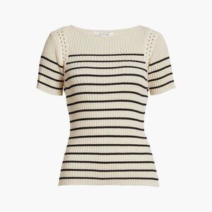 NEW Zoe And Claire - Size M Contrast Short Sleeve Striped Crochet Top - Natural